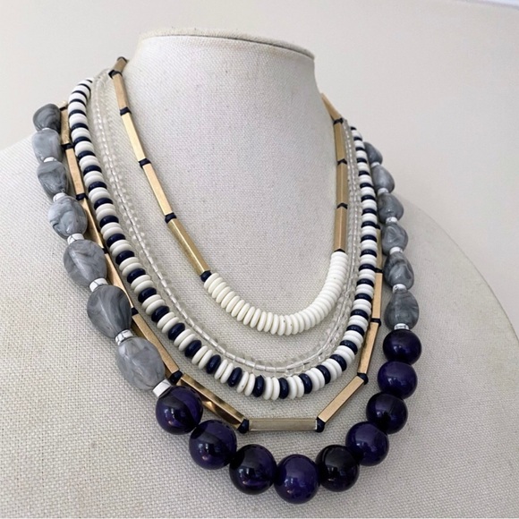 Loft Multistrand Beaded Statement Necklace Navy / Grey / Cream / Gold - Picture 2 of 13